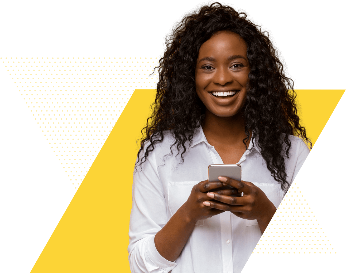 A smiling woman representing a verified customer using her mobile phone